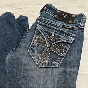 Miss Me Cross bootcut jeans Womens 26 Blue Distressed Jeweled Y2K Bling Low Rise